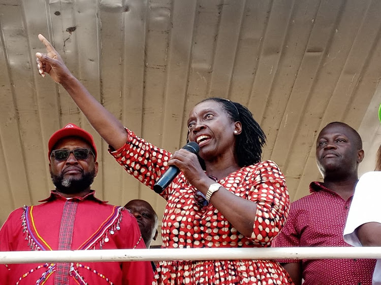 Azimio la Umoja's presidential running mate Martha Karua addressing Kagumo residents on Thursday evening.