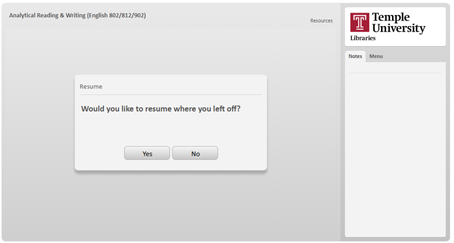 Prompt from tutorial module asking "Would you like to resume where you left off?"