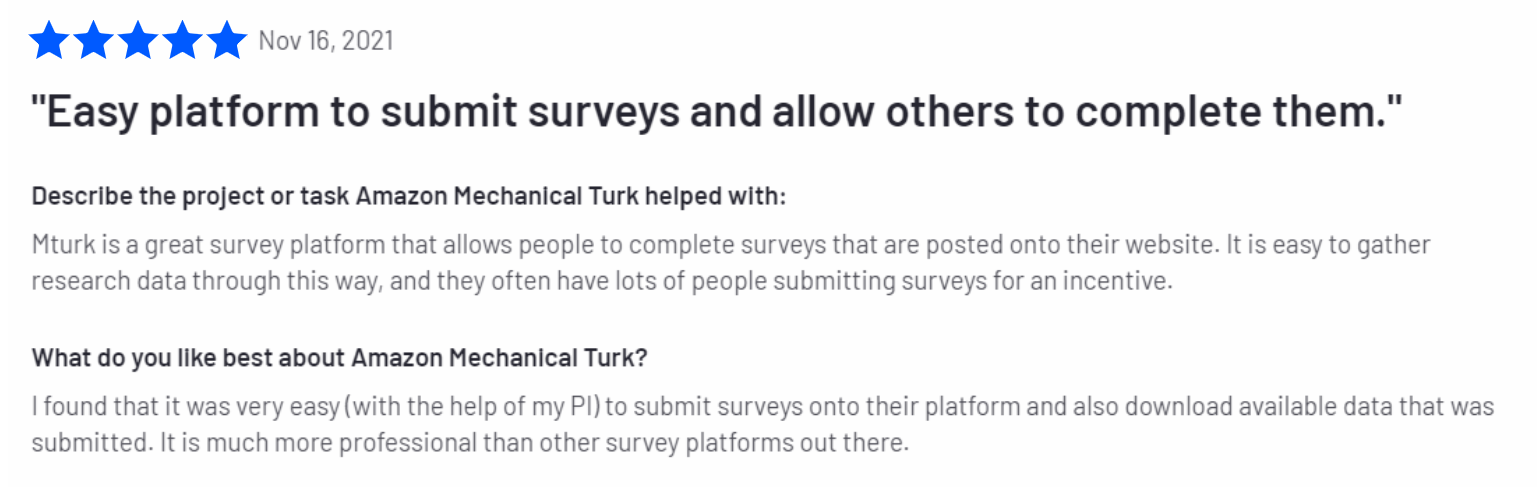 Amazon Mechanical Turk positive customer review on surveys from G2.