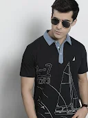 Men Black Printed Polo Collar Slim Fit Pure Cotton T-Shirt