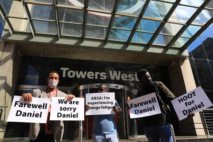 A farewell protest for Daniel Mminele outside Absa in Johannesburg on Friday, April 23 2021.