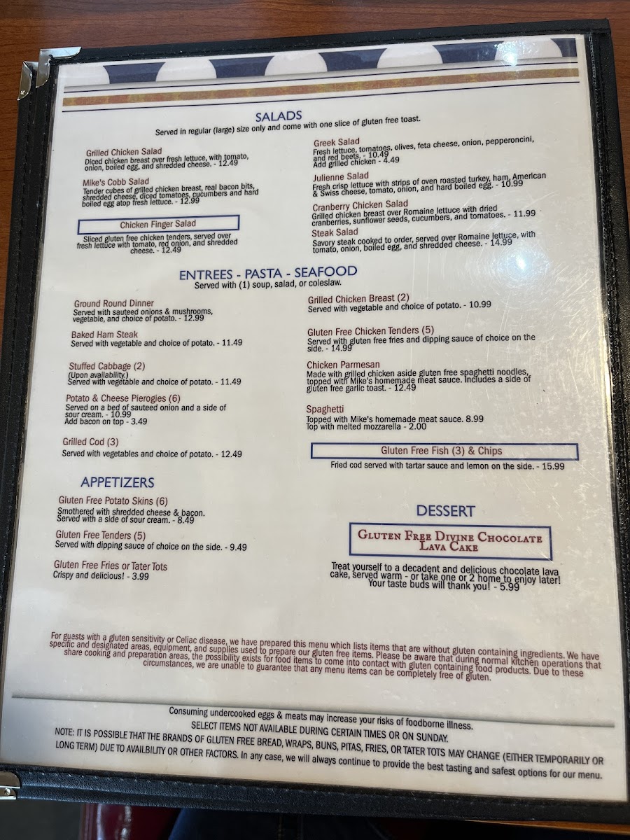 Mr Mike's Grill gluten-free menu