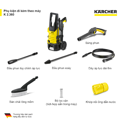 Máy xịt rửa xe Karcher K 2.360, Máy rửa xe áp lực cao 1400w, lưu lượng nước 360 (l/h) kèm 7 món phụ kiện