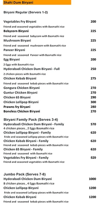 Shahi Dum Biryani menu 