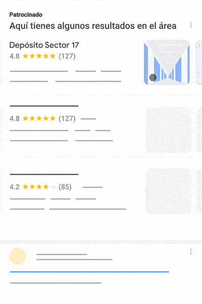 Esta animación es un ejemplo de una colección de resultados de la búsqueda del anuncio de búsqueda local, en la que tu anuncio muestra tus recursos multimedia disponibles.