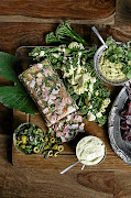 Gammon terrine and broccoli with a tahini dressing.