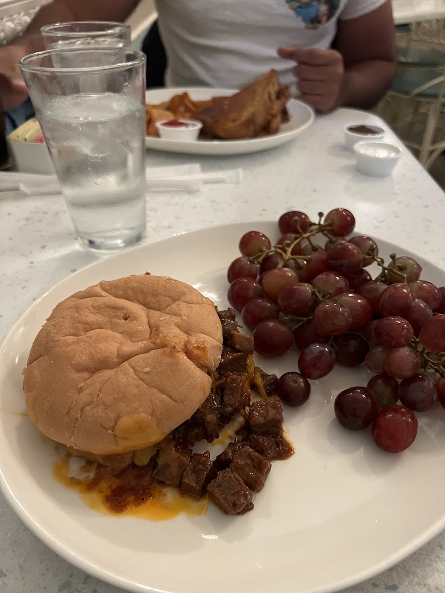 The burnt ends grilled cheese, with the normal gluten version in the background. It also came with an allergy stick but I had removed it already.