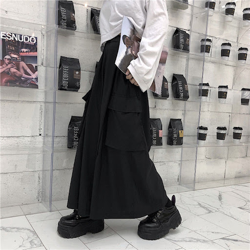 Title 3, Black Japanese Wide-leg Pants with Split, Drapi...