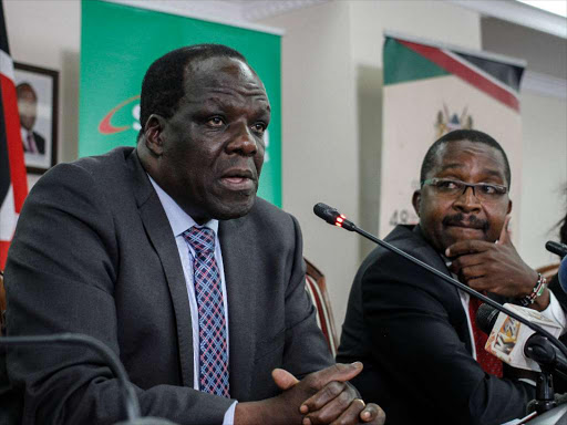 Council of Governors chairman Wycliffe Oparanya with vice chairman Mwangi wa Iria during a meeting in Nairobi on January 21, 2019.