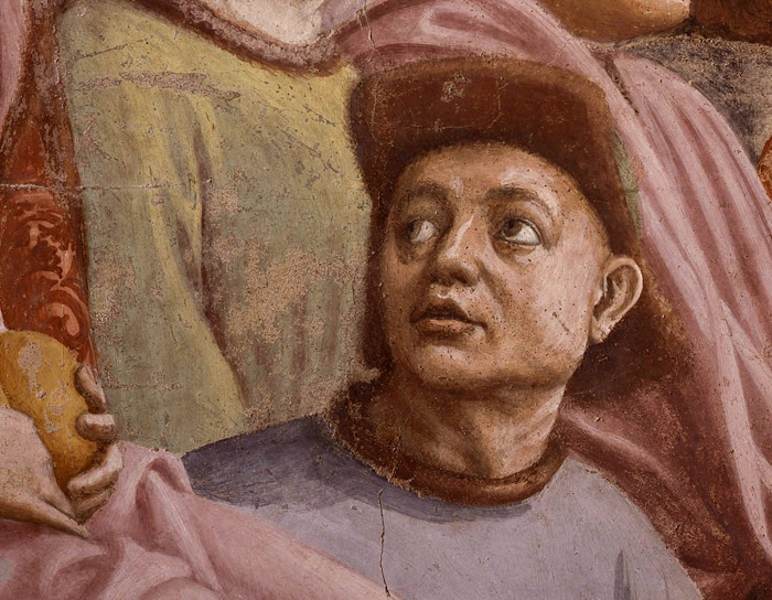 Masaccio e Filippino Lippi, Resurrezione del figlio di Teofilo e san Pietro in cattedra (al centro, in posizione più bassa, spicca il volto di un uomo con cappello, che rivolge lo sguardo dietro di sé e guarda in alto, con gli occhi spalancati, stupiti), Cappella Brancacci, Santa Maria del Carmine, Firenze