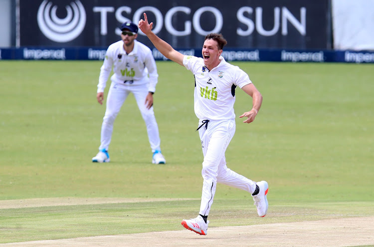 The VKB Knights star bowler Migael Pretorius celebrates after taking a wicket during a 4-Day domestic series match away against the Lions at the Wanderers in Johannesburg on November 26 2020.