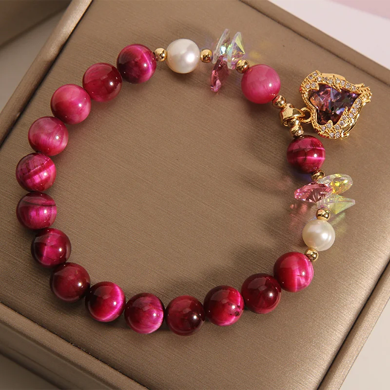 Pulsera de cristal ojo de tigre rojo rosa para mujer, pulsera de moda. Elegante y con encanto, para un toque de sofisticación. Un accesorio perfecto.