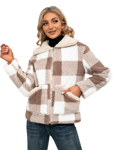 Title 20, Casual Check Plush Lapel Jacket Lamb Fleece Che...