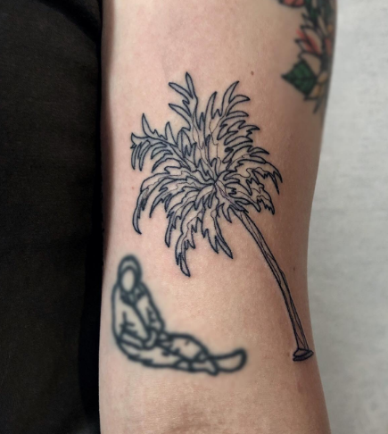 Man & Outline Of Palm Tree Tattoo