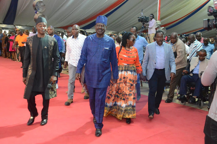 Azimio presidential candidate Raila Odinga, running mate Martha Karua, Wiper party leader Kalonzo Musyoka and other leaders during a church service at JTM Donholm on August 21st 2022.