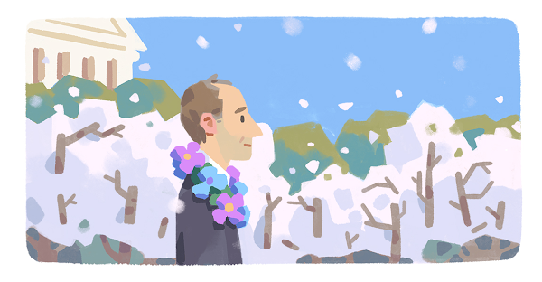 Una Google Doodle en ilustración del activista por los derechos gay y veterano militar estadounidense, Frank Kameny, con una guirnalda de flores mientras camina entre los cerezos en Washington D.C.