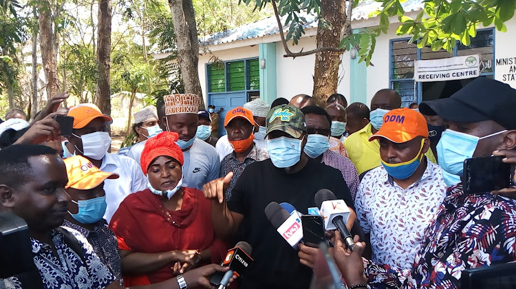 ODM deputy party leader Hassan Joho and other leaders address the press in Msambweni on Friday, October 16, 2020.