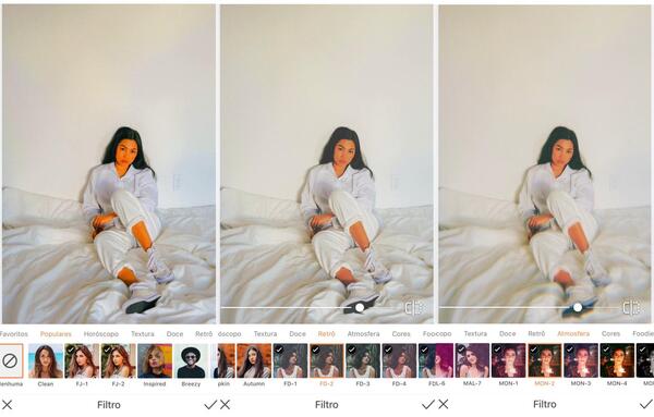 Foto de uma mulher asiática sentada na cama sendo editada pelo AirBrush com Filtro