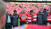 The Emirates Lions head coach Swys de Bruin and his players assemble for a short prayer ahead of their Super Rugby semifinal match against the Waratahs at Ellis Park Stadium, Johannesburg on July 28 2018.