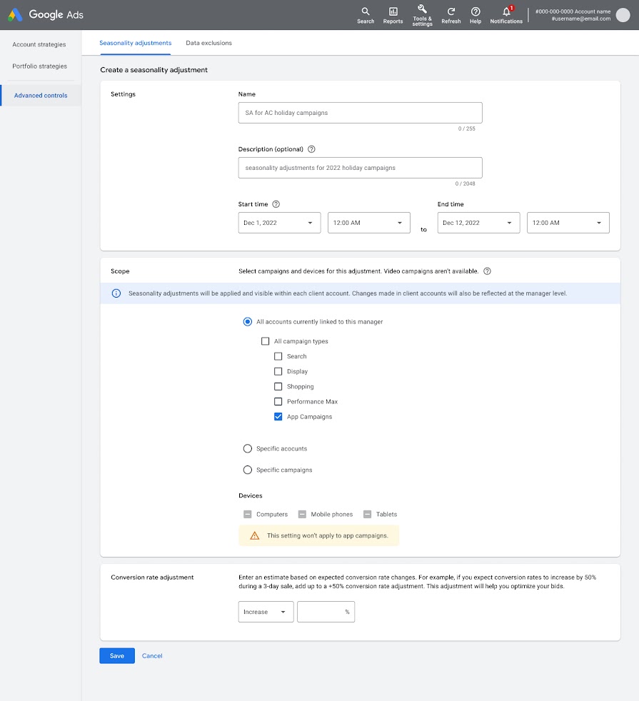 Screenshot of seasonality adjustments in Google Ads UI