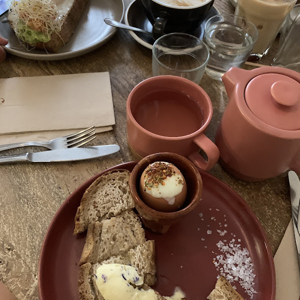 Soft boiled egg cup with gf bread and flower butter!