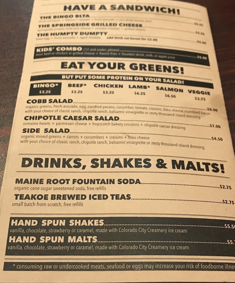 Menu August 2018. Bingo Burger.