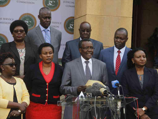 Members of the JSC led by Chief Justice David Maraga during a past press conference.