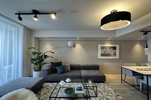 Apartment / penthouse purchase in Shinjuku City (Japan) - Modern living room with gray sofa and coffee table