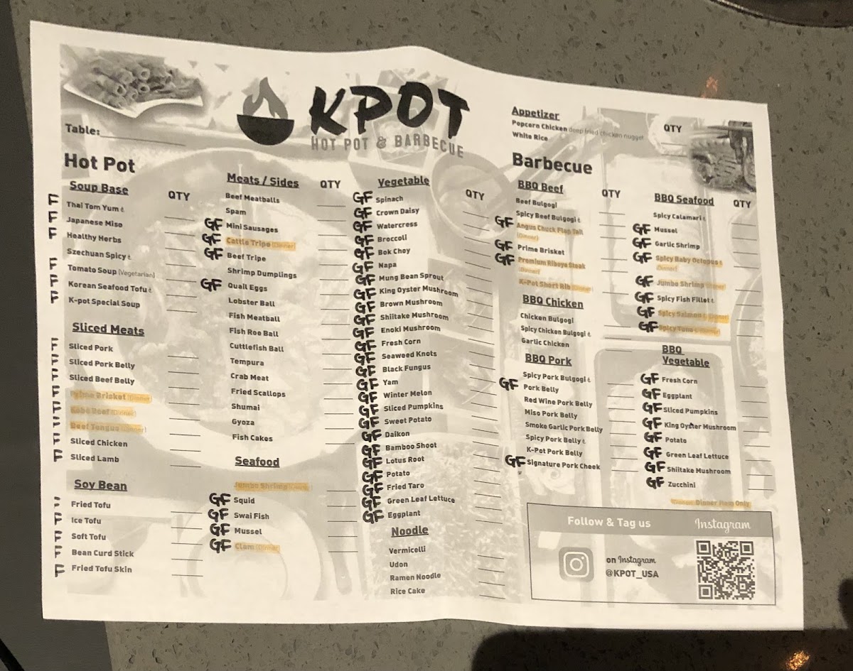 KPOT Korean BBQ & Hot Pot gluten-free menu