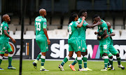 AmaZulu players celebrate with Sphelele Mthembu after scoring the only goal of the match. 