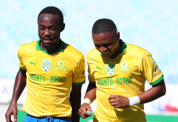 Mamelodi Sundowns' Peter Shalulile, left, and Andile Jali won big at the PSL Awards.