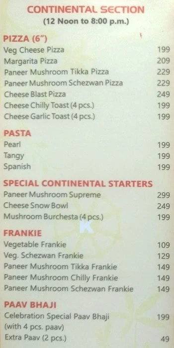 Celebrations Hotel menu 