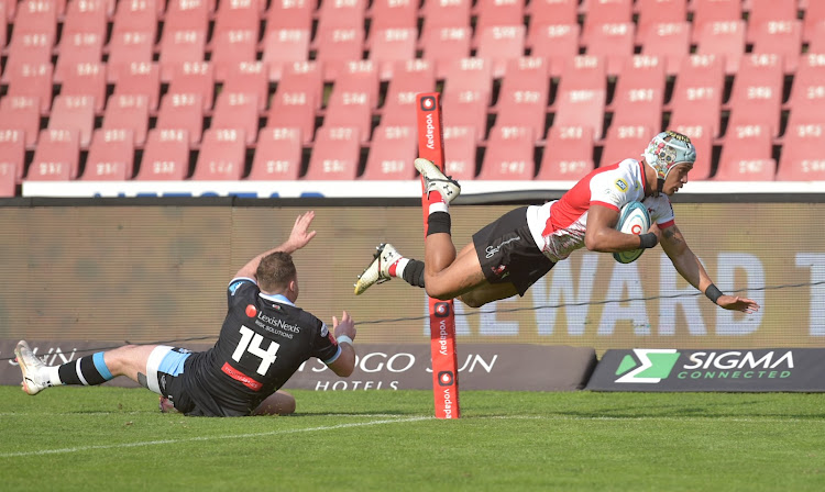 Edwill van der Merwe scores one of his two tries against Cardiff in the United Rugby Championship at the Ellis Park in Johannesburg on March 13 2022.