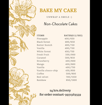 Bake My Cake menu 