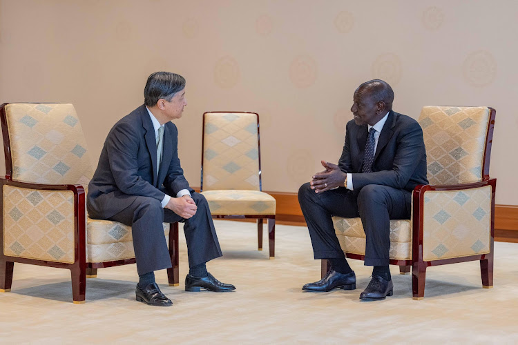 Japan Emperor Naruhito engages President William Ruto at the Imperial Palace in Tokyo, Japan on February 9, 2024.