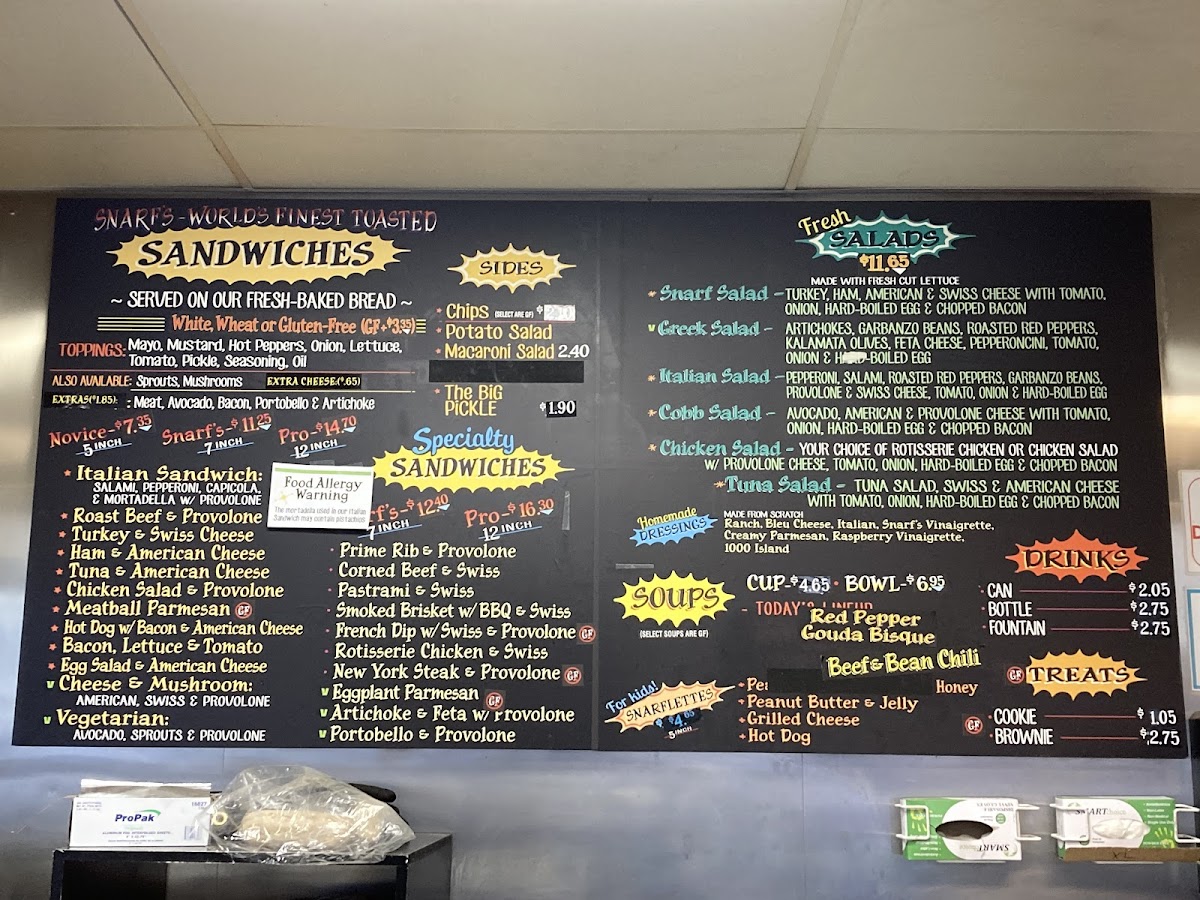 Snarf's Sandwiches gluten-free menu