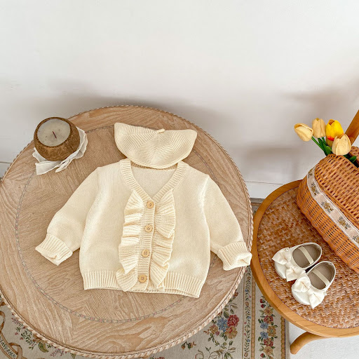 Title 14, Spring Girls V-neck Flounce Knitted Coat