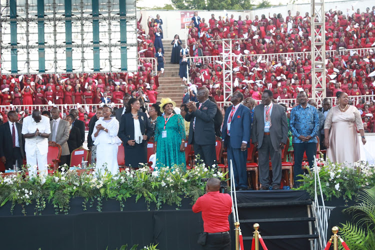 President William Ruto, First Lady Rachel Ruto, Wiper leader Kalonzo Musyoka and other leaders at Nyayo Stadium for the Benny Hinn Mega Crusade on February 25, 2024.