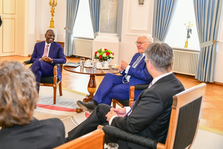 President William Ruto together with his Kenyan convey meeting German's President Dr Frank-Walter Steinmeier at Schloss Bellevue, Berlin on March 27, 2023