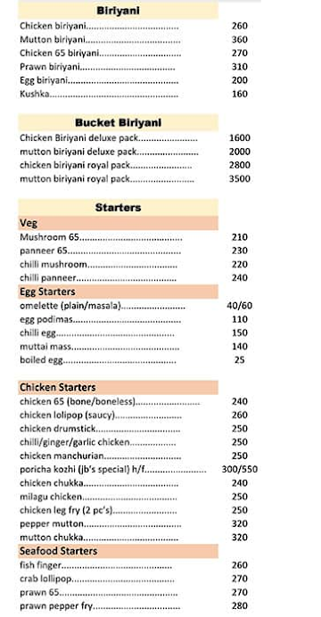 Jalals Biriyani menu 