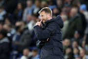 Chelsea manager Graham Potter reacts during the FA Cup Third Round match against Manchester City at Etihad Stadium on January 8 2023 in Manchester, England.