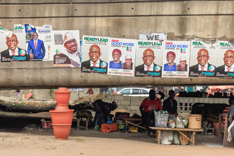 Election posters for the All Progressive Congress (APC) presidential candidate Bola Tinubu and his running mate Kashim Shettima in the Ojuelegba district of Lagos, Nigeria, on Saturday, February 4, 2023.