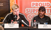 Roarke Knapp and Vusi Mtolo during the Razoravskiy Sharp Box and Dine press conference at Augustus room, Convention Centre in Johannesburg, South Africa.