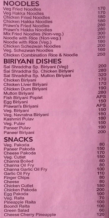 Hotel Sai Shraddha menu 