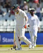 David Warner of Australia b Kagiso Rabada of South Africa during day 2 of the 3rd Sunfoil Test match between South Africa and Australia at PPC Newlands on March 23, 2018 in Cape Town. 
