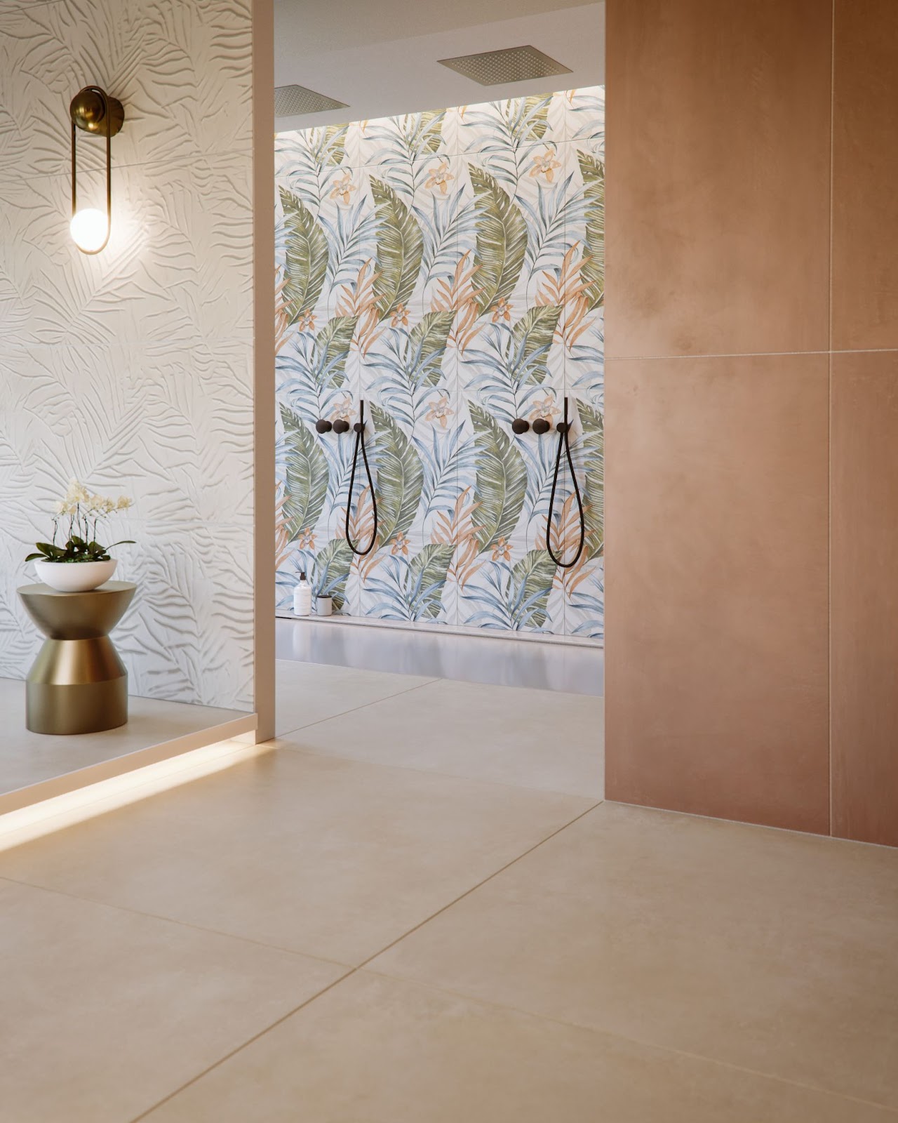 Ceramiche a posa orizzontale e verticale nella sala da bagno realizzata con prodotti Ceramica Rondine