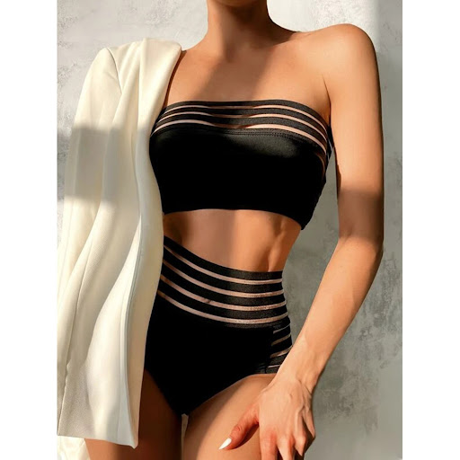 Title 4, Split Tube Top Mesh Solid Color Swimsuit. Get t...