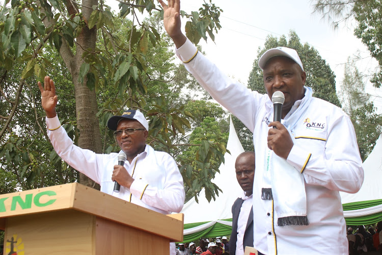 KNC leader and Kisii governor aspirant Manson Nyamweya with his running mate Alfred Ndemo during a meeting in Kisii.