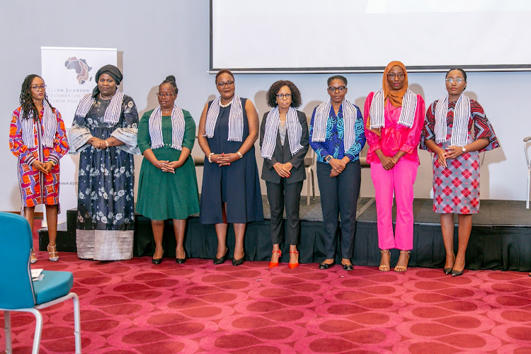 Some of African women leaders selected to join the Amujae Initiative pose for a photo at a Nairobi hotel on April 30, 2023.