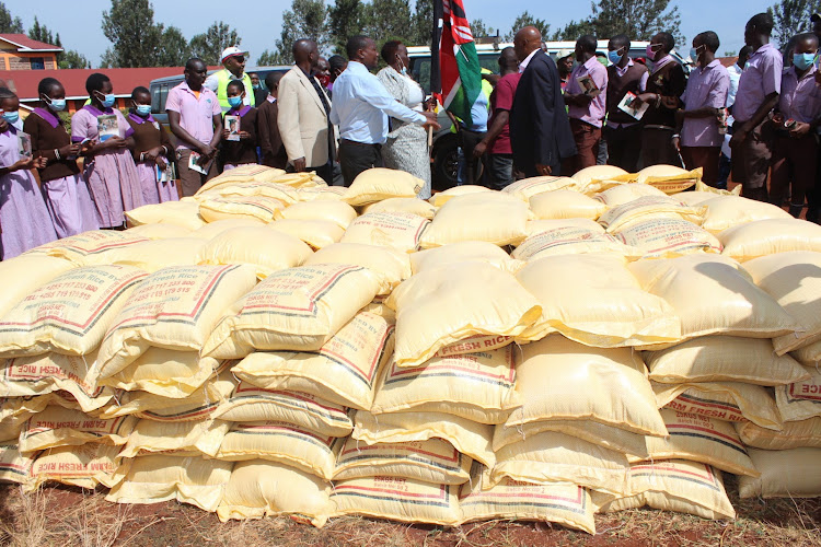 Some of the rice distributed to 172 primary schools in Kiharu constituency on Monday.